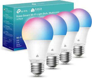 A product shot of four Kasa Smart Light Bulbs with the box.
