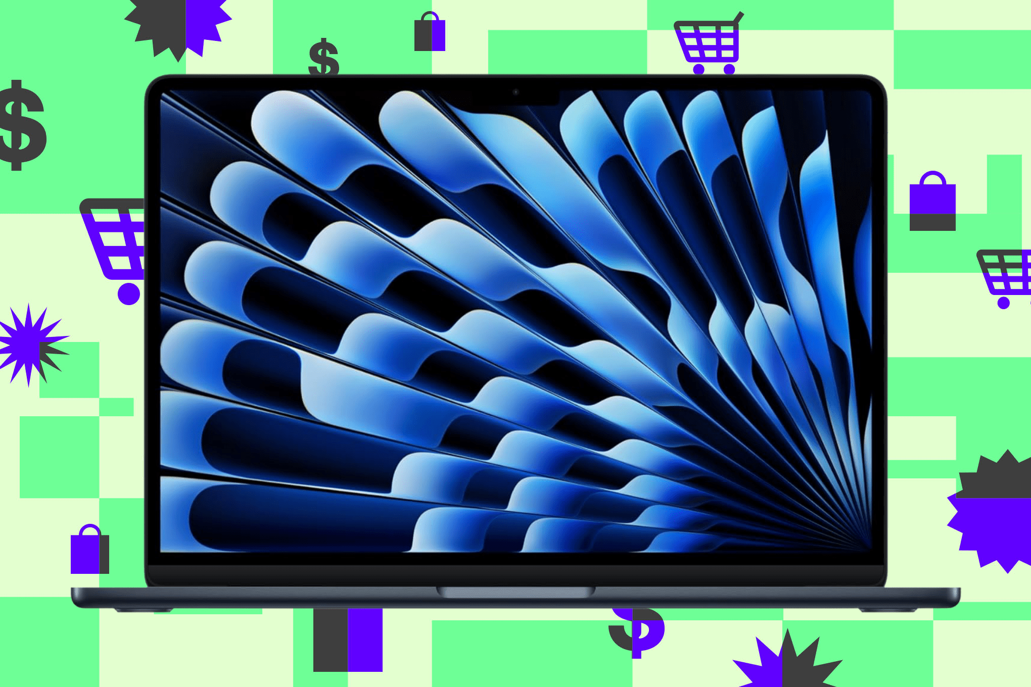 The M4 MacBook Air on a green and purple background.