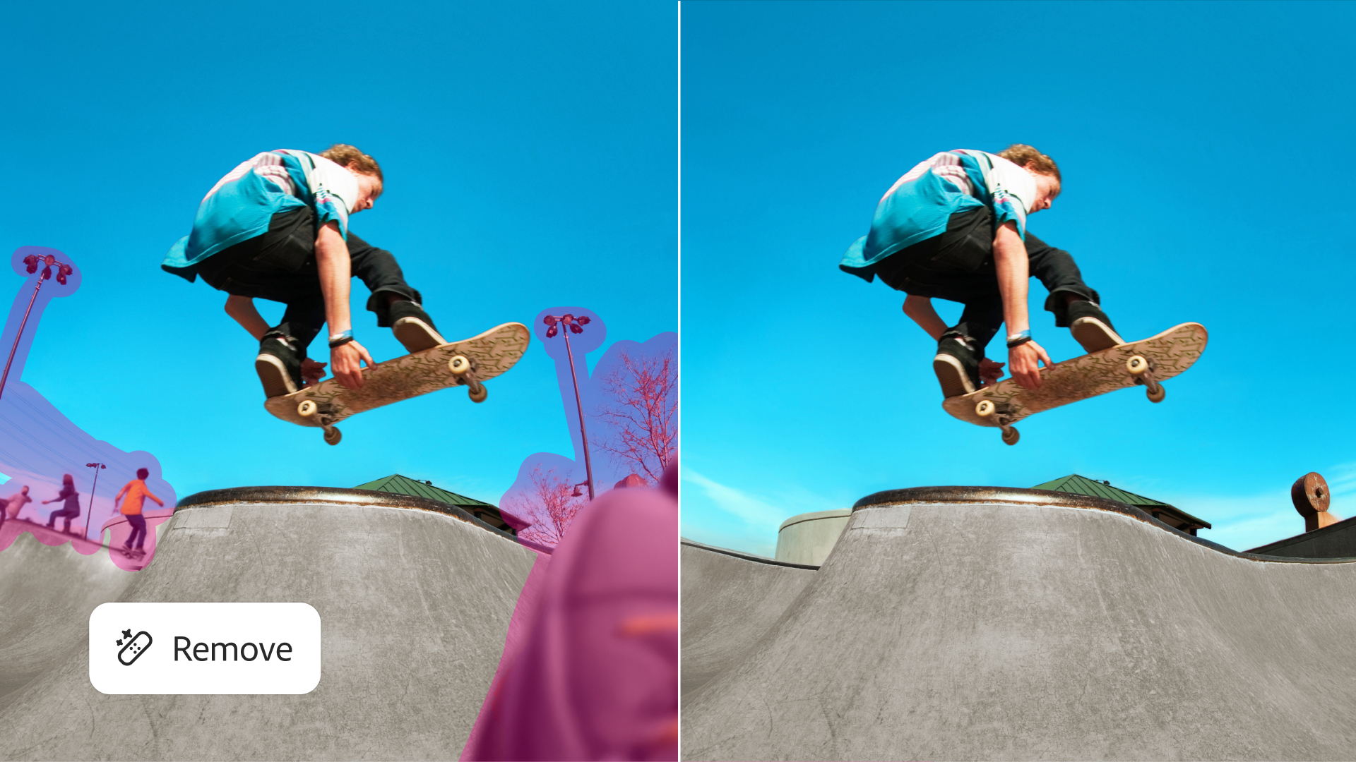 A before and after example of Photoshop’s improved object removal tool.