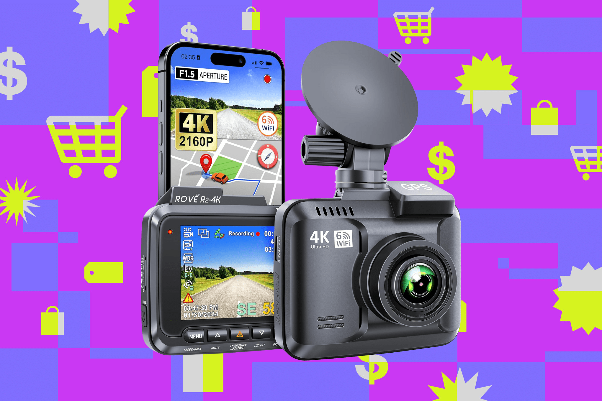Rove R2-4K dash cam on a purple and pink background with shopping symbols.