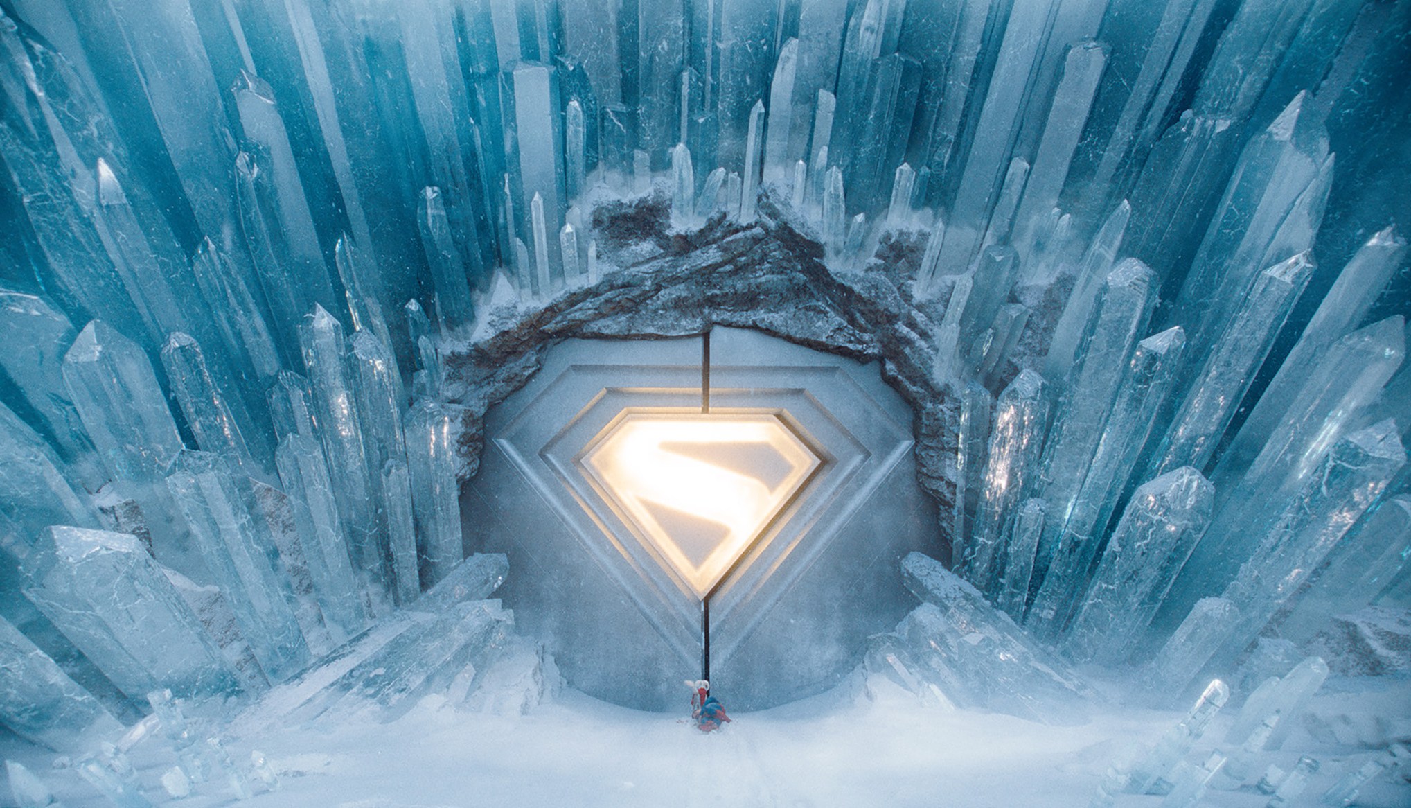 A massive metal door emblazoned with an ‘S’ in the center of a pentagon. Around the door are massive crystal pillars that seem to be exploding from the icy ground.