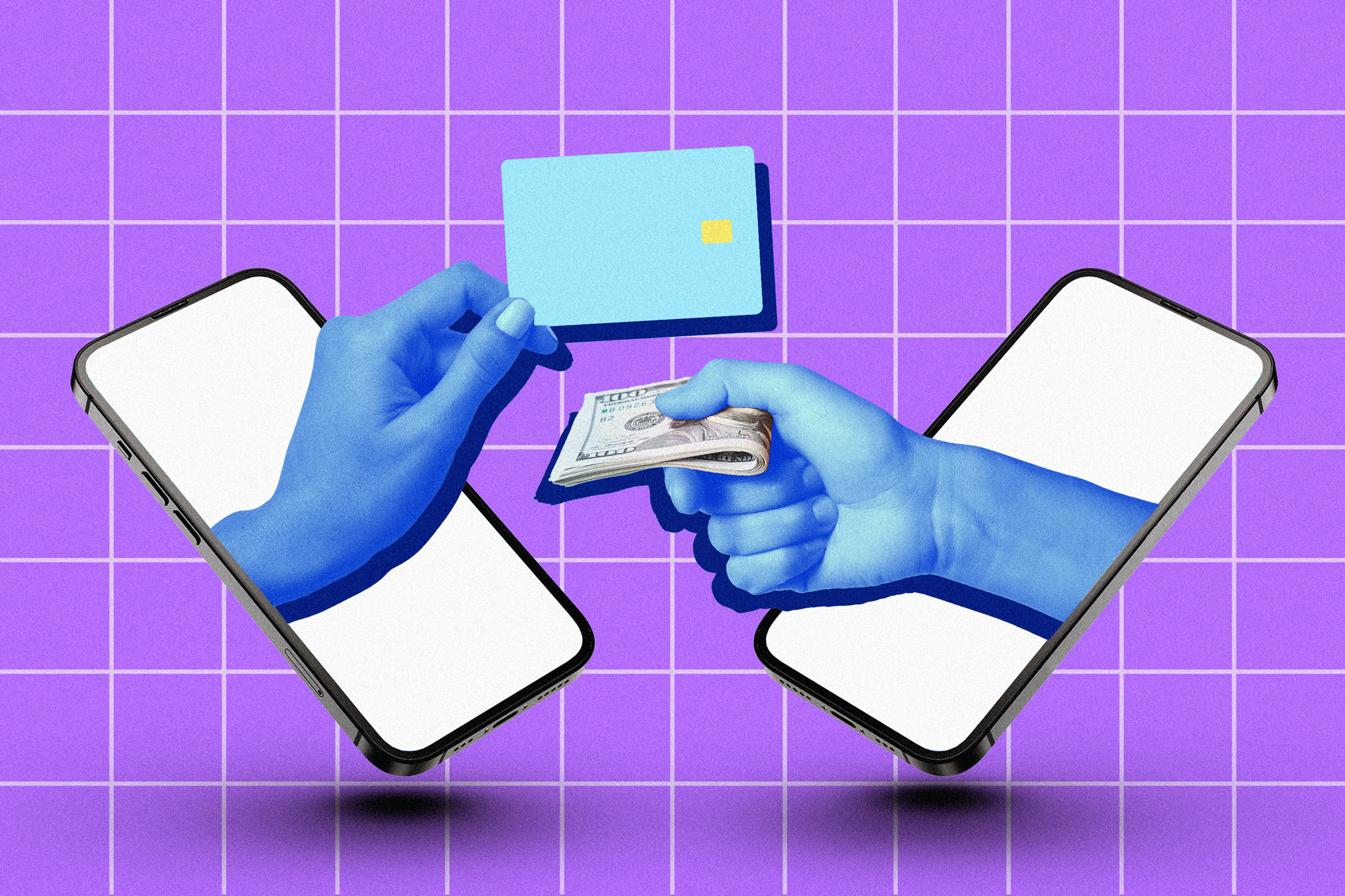 Image of two smartphones with hands emerging from them, one holding cash and another holding a credit card.
