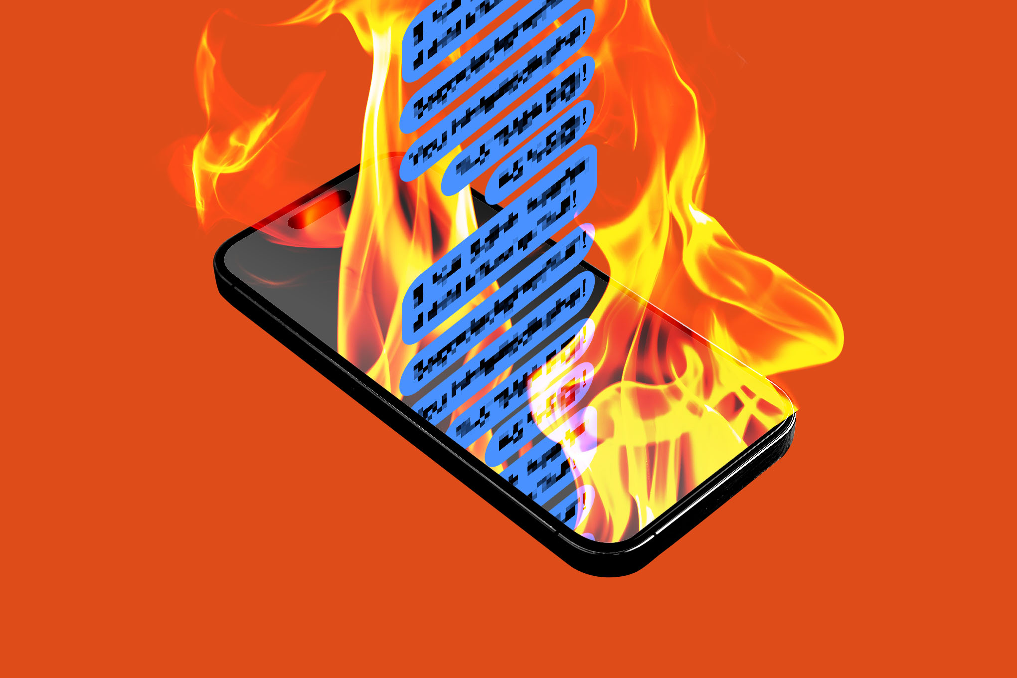 Art depicts a mobile phone with comment bubbles and flames rising out of the screen.