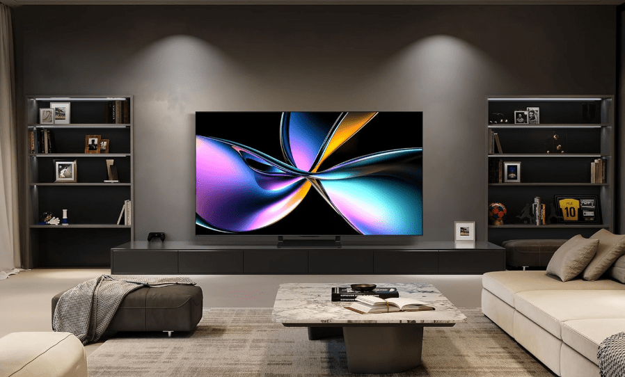 An image of the Hisense U7QG 4K ULED TV sitting on an entertainment center.