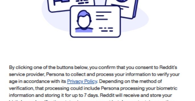 A screenshot taken of Reddits age verification process for UK users.