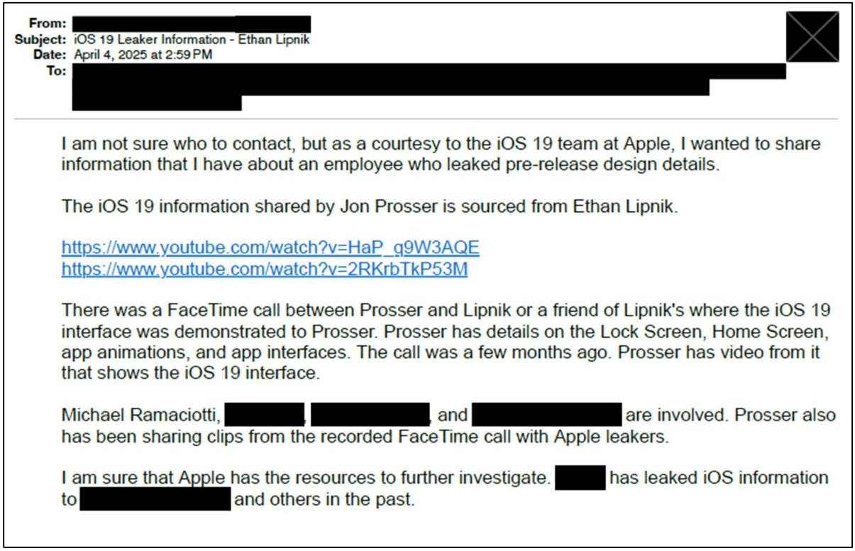 Image of an email sent from an anonymous source to Apple regarding Jon Prosser