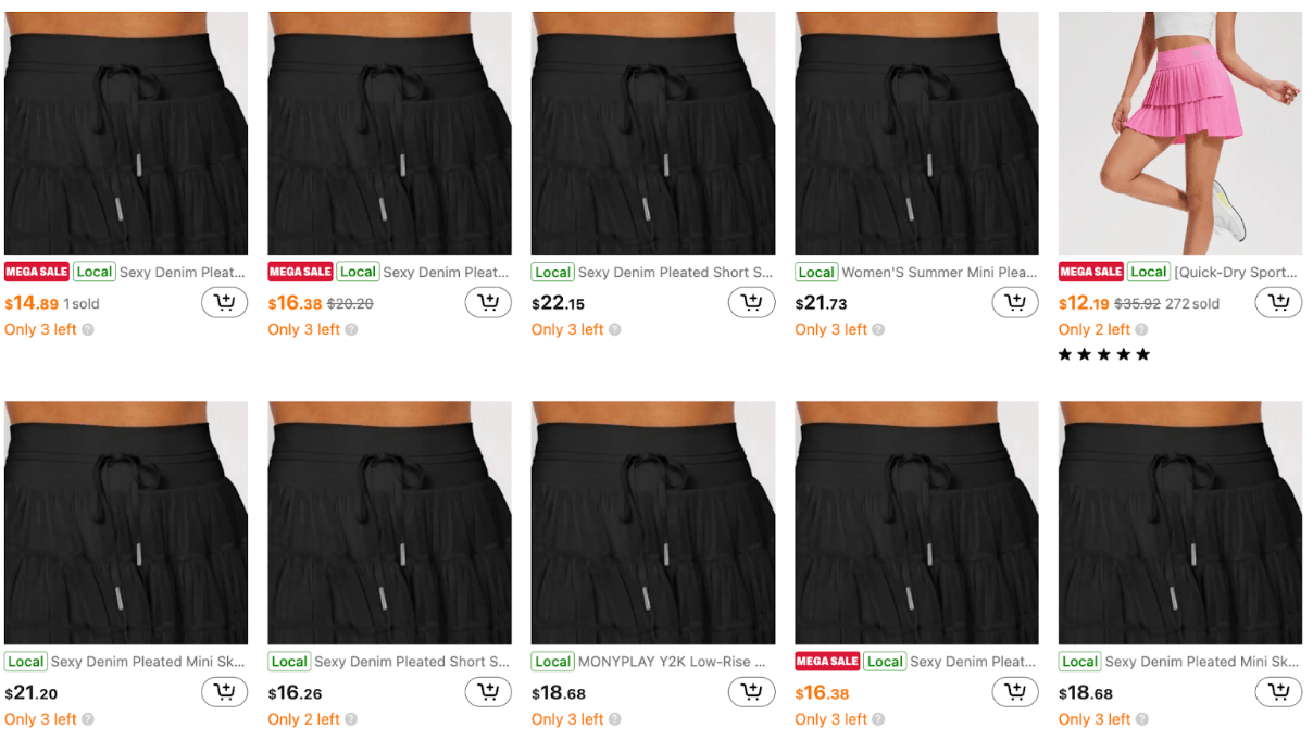 Temu listings of the Popflex Pirouette Skort.