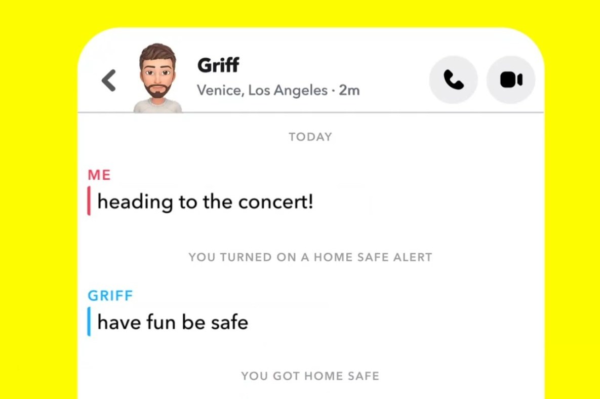 A screenshot taken from a Snapchat conversation showing an example of the Home Safe alerts.