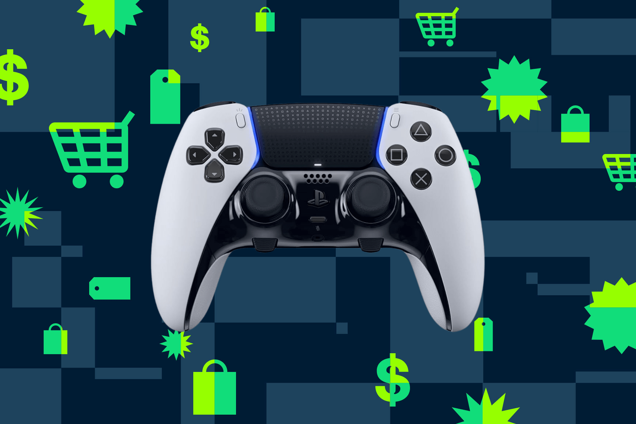 The Sony DualSense Edge in white on a dark illustration background.