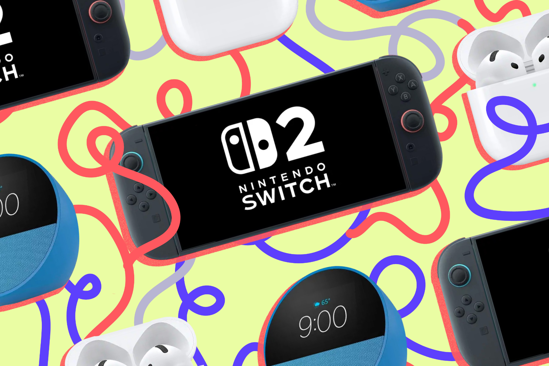 The Nintendo Switch 2, Apple AirPods, and Echo Spot surrounded by colorful ribbons.