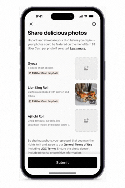 A Gif demonstrating how Uber Eats users can upload images of their food. A Gif demonstrating how Uber Eats users can upload images of their food.