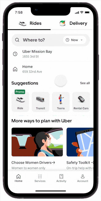 gif of Uber app selecting a preference of woman driver
