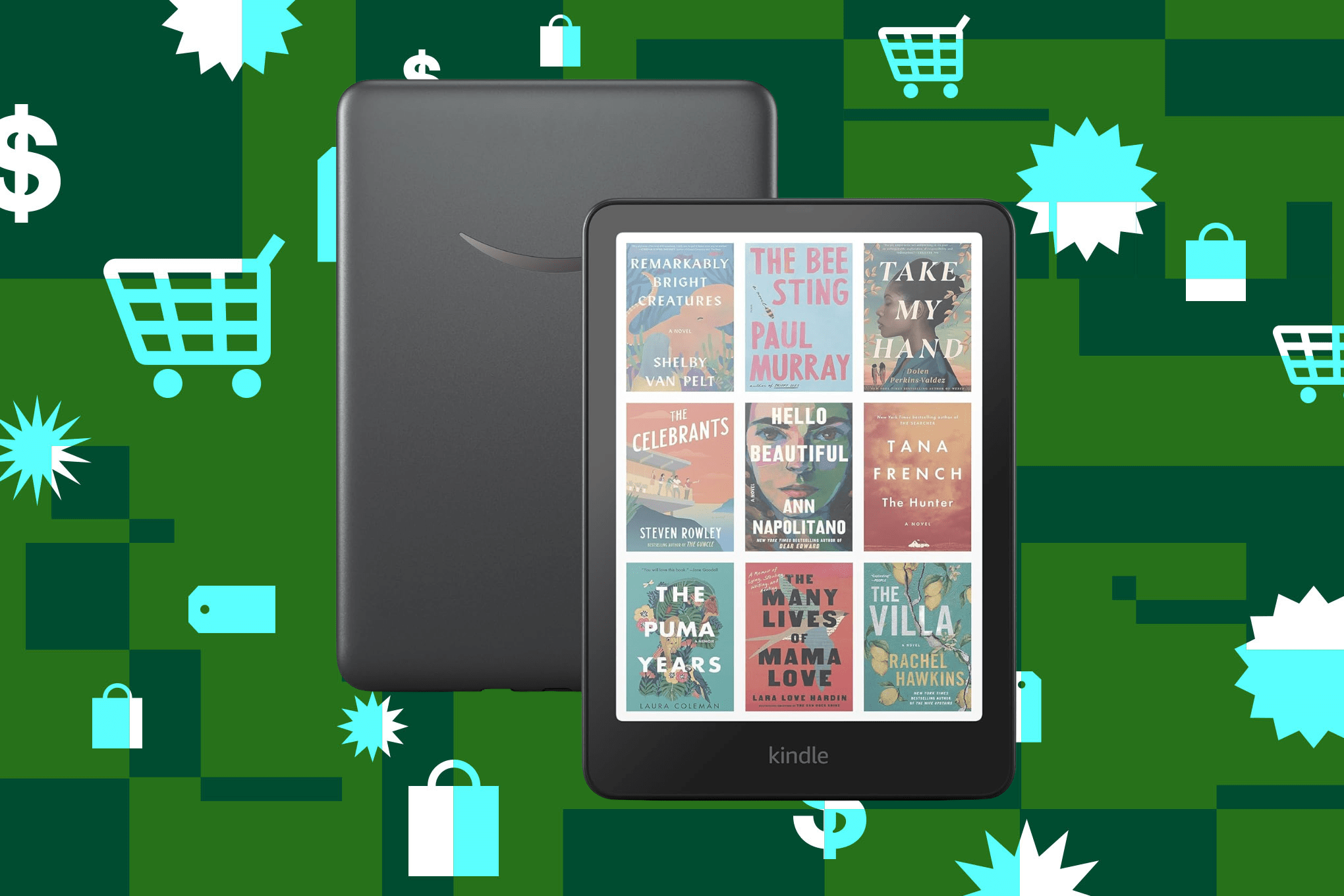 The Kindle Colorsoft Signature Essential against a green background.