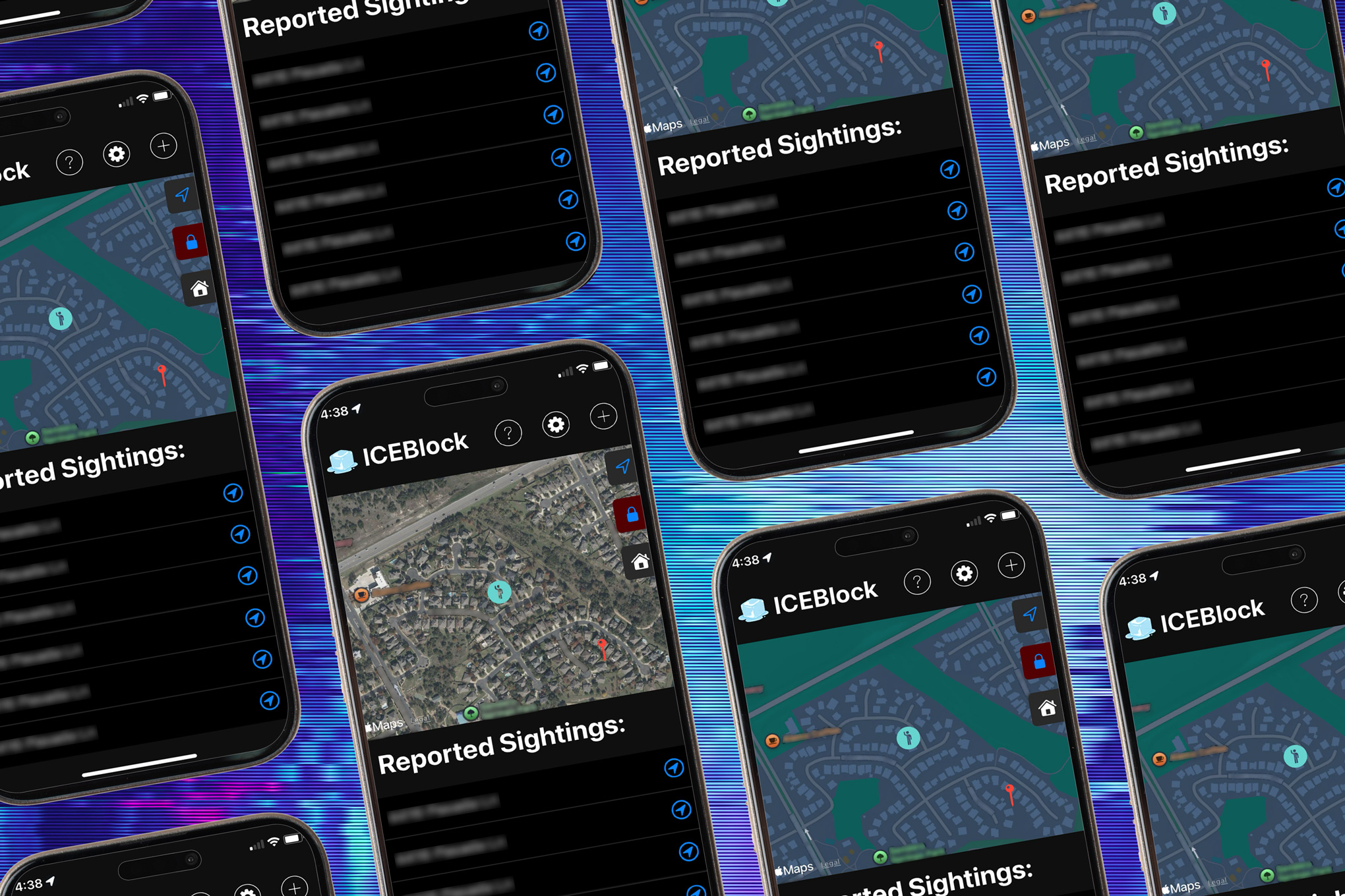 Tiled images of ICEBlock running on an iPhone.