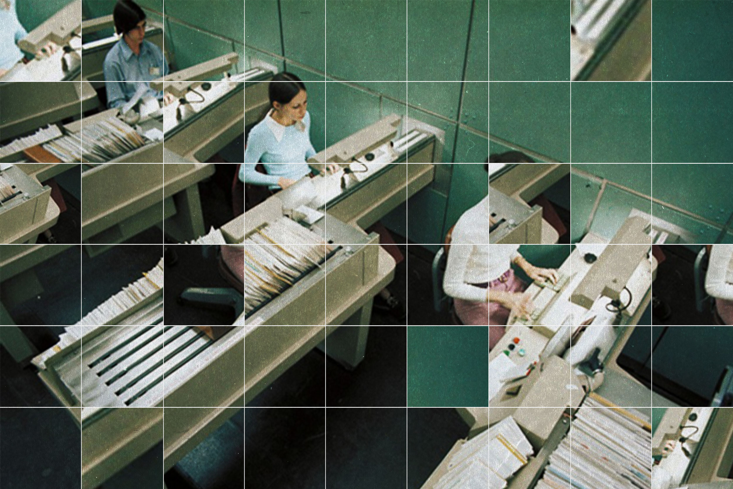 A photo showing people sorting mail