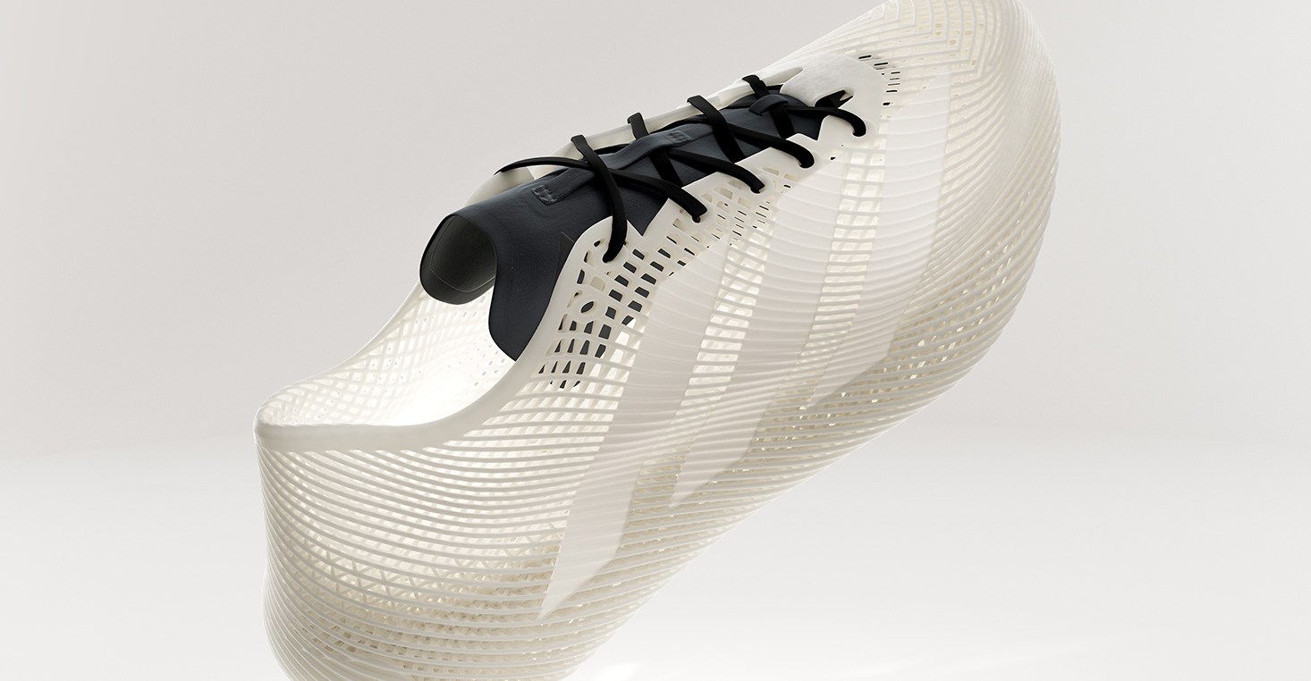 Adidas’ 3D-printed Climacool Laced shoes floating against an off-white background.