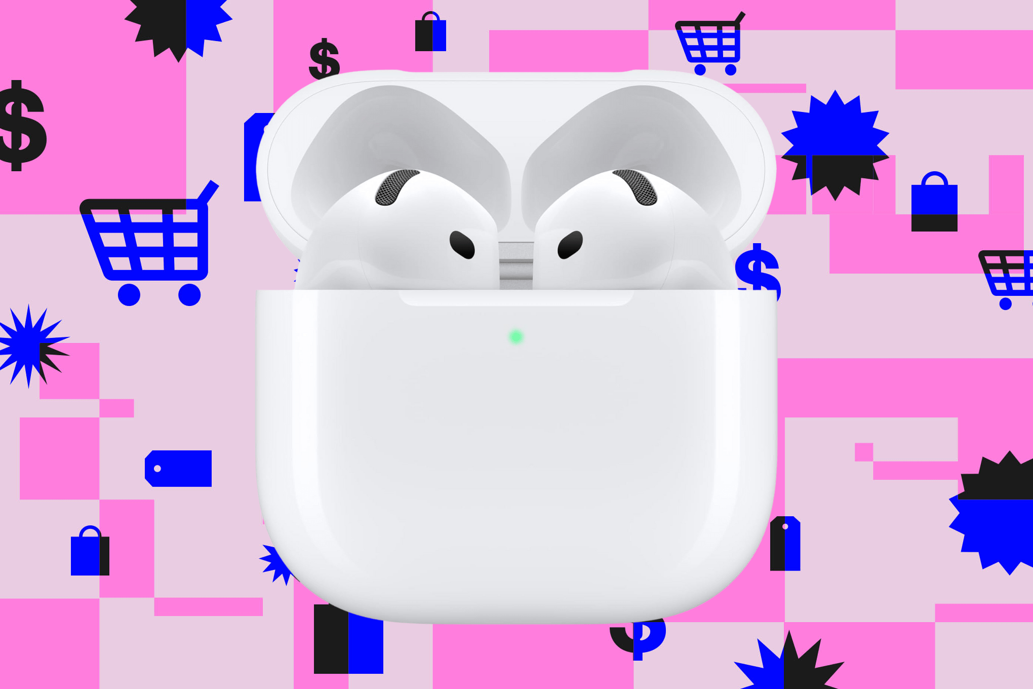 The AirPods 4 in a case against a pink background.