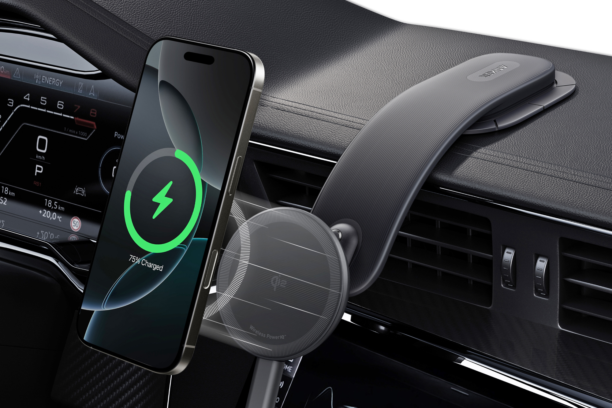 A smartphone being attached to Anker’s wireless car charger inside a vehicle.