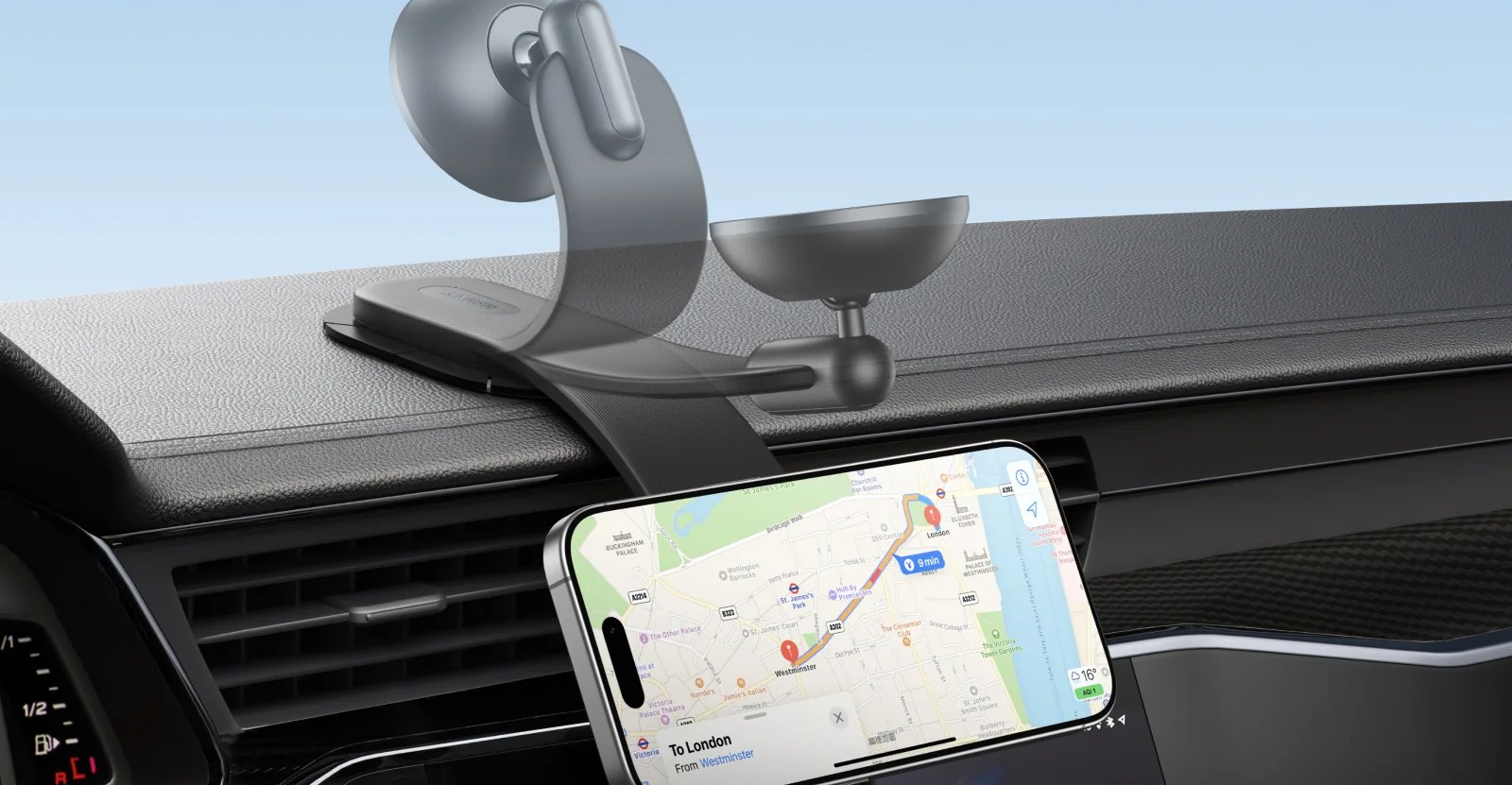 A smartphone showing a maps app attached to Anker’s new flexible wireless car charger.