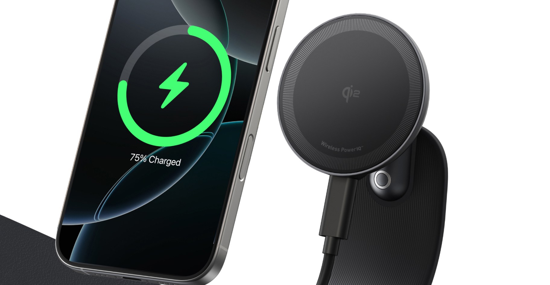 A smartphone floating over the charging puck on Anker’s wireless car charger.