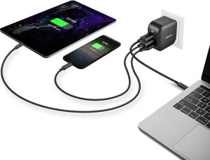 Charger connected to a laptop and phone.