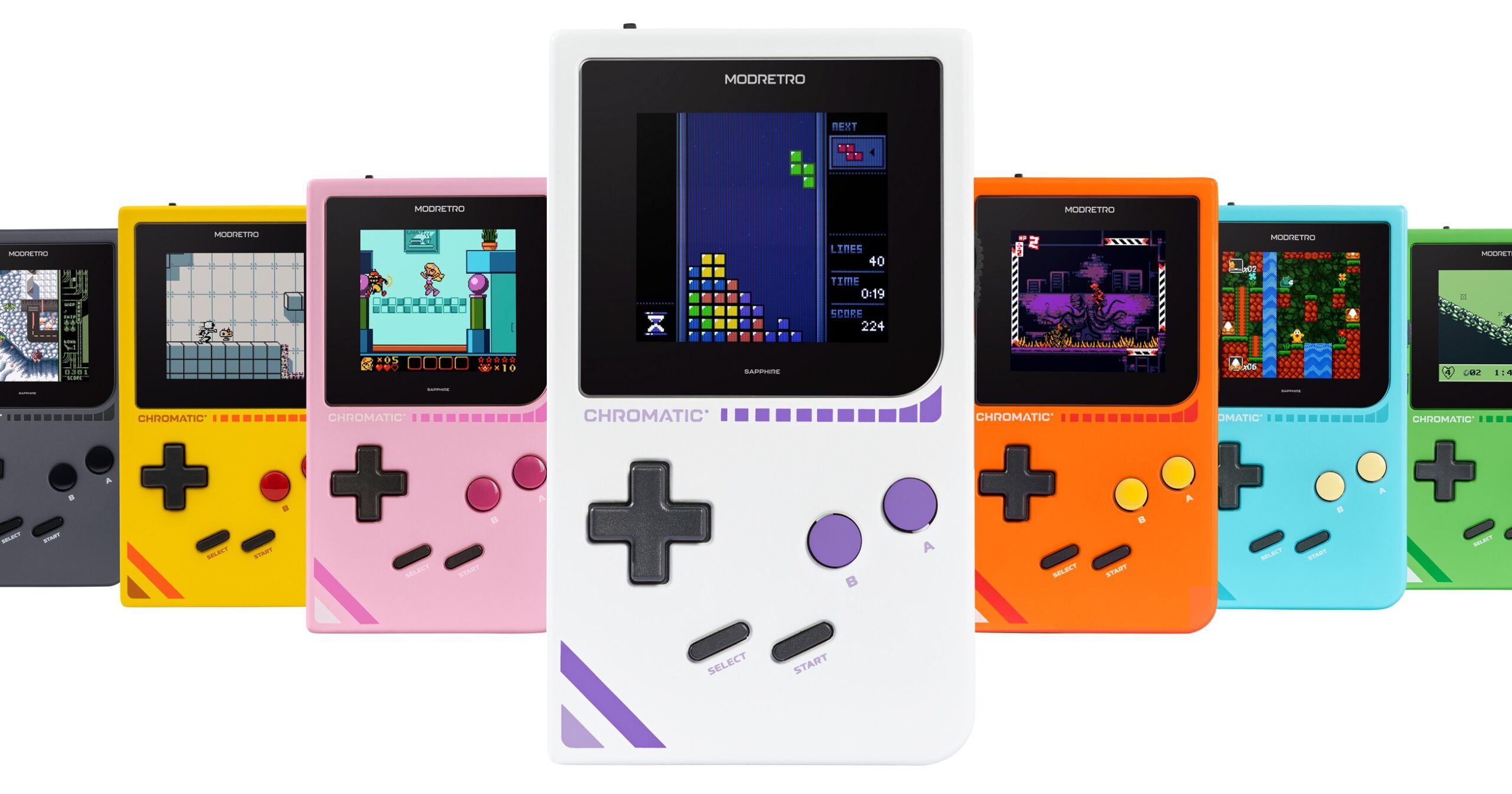 Seven ModRetro Chromatic handhelds all lined up in a row in different color options.