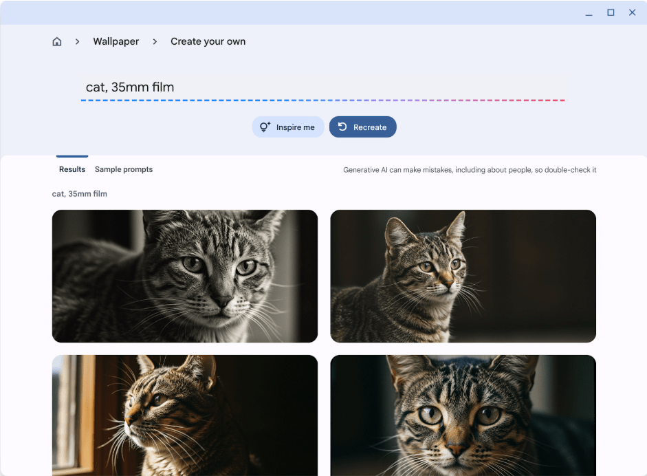 Demonstration of ChromeOS AI wallpapers creating images of a cat in 35mm film style