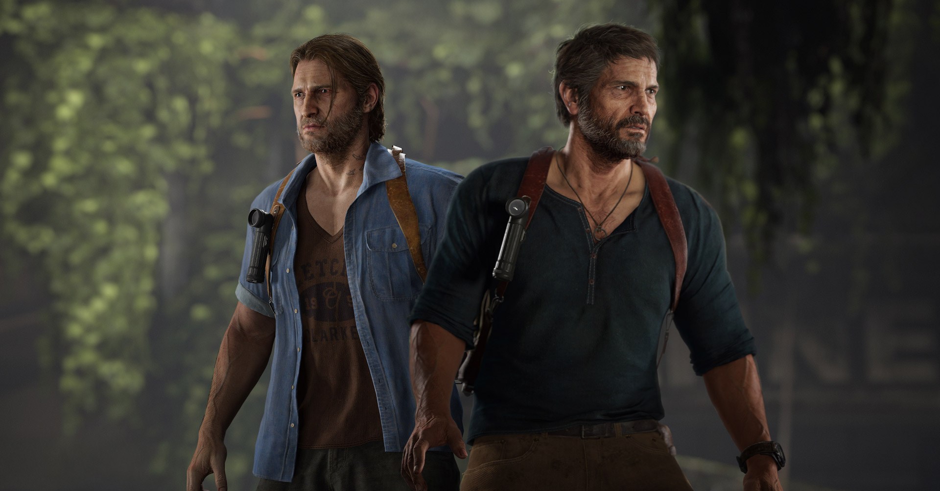 Screenshot from The Last of Us Part II Remastered featuring Tommy and Joel Miller in Sam and Nathan Drake skins.