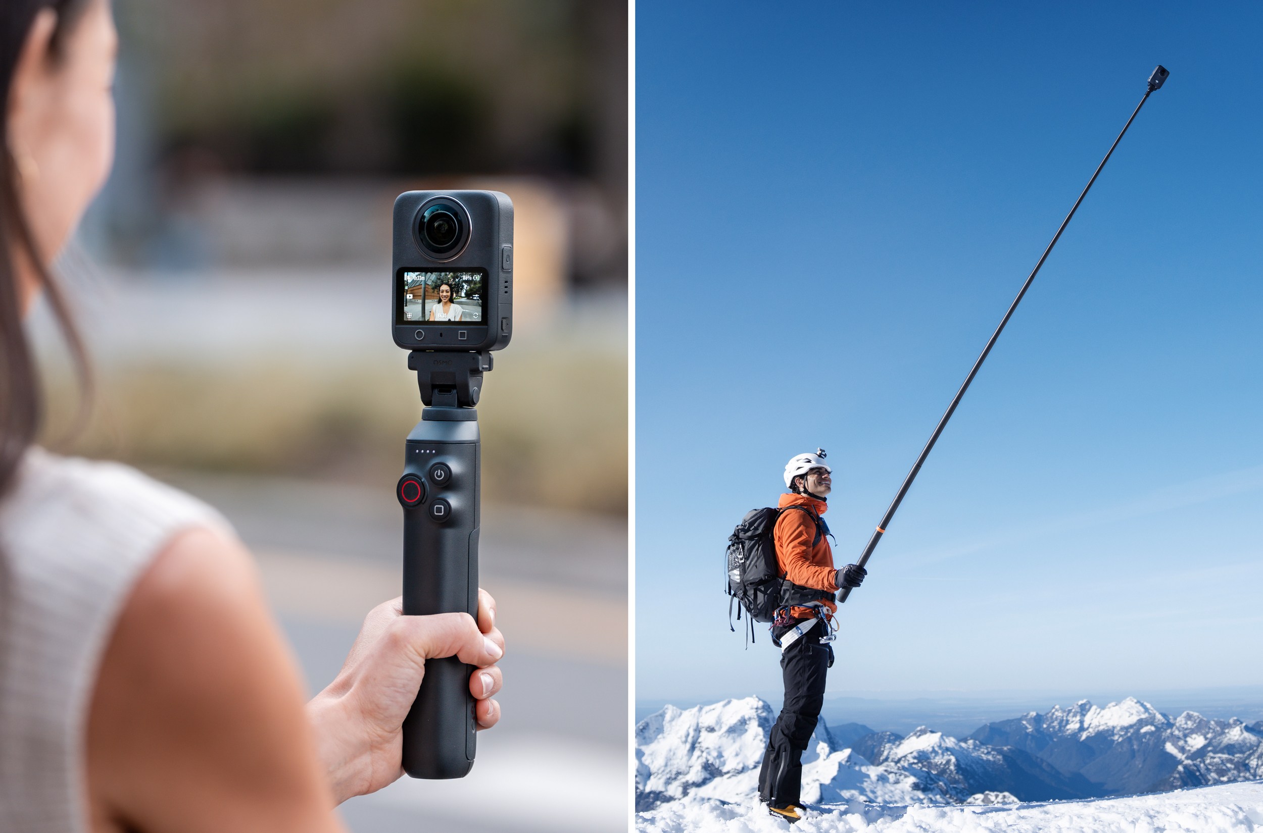 Two images showing selfie stick accessories available for the DJI Osmo 360. Two images showing selfie stick accessories available for the DJI Osmo 360.