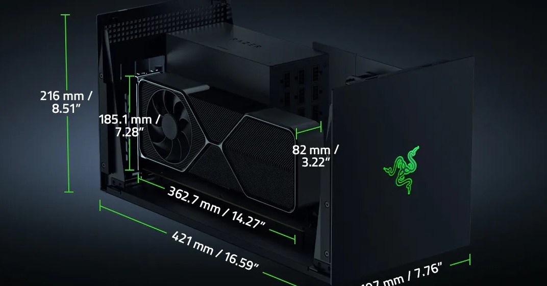 The Razer Core X V2 eGPU with dimensions.