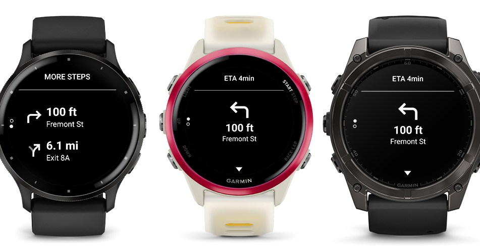 Three Garmin smartwatches showing turn-by-turn directions on screen.