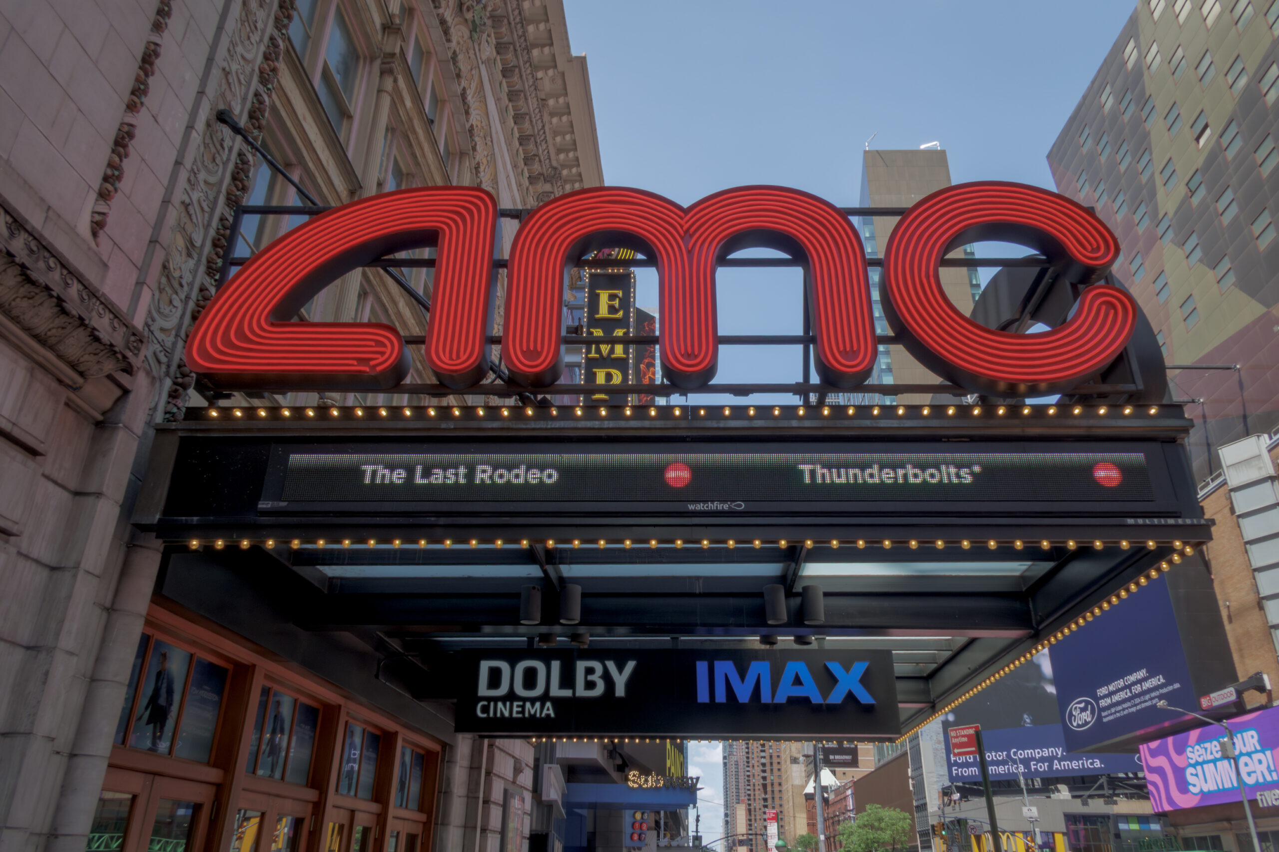Marquee at the entrance to AMC movie theater in Midtown Manhattan.