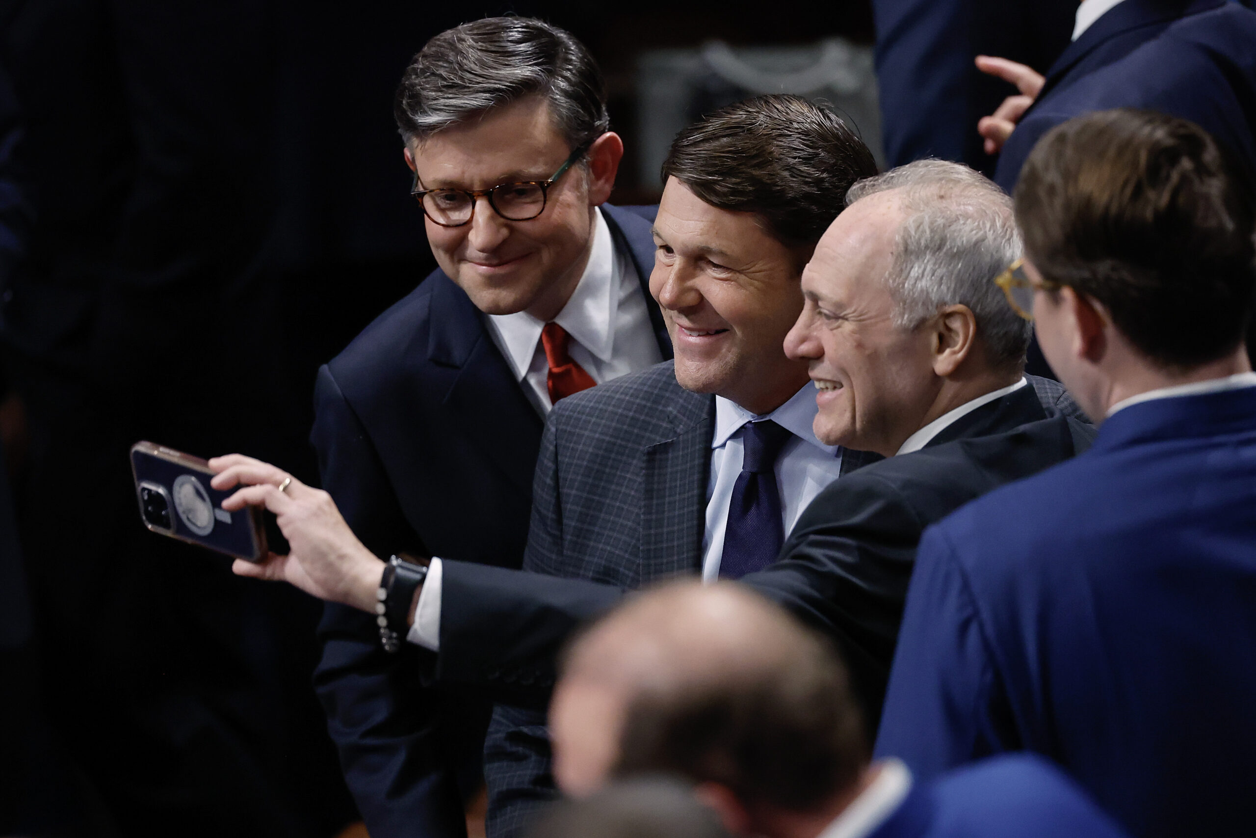Speaker of the House Mike Johnson (R-LA), House Budget Committee Chairman Jodey Arrington (R_TX) and Majority Leader Steve Scalise (R-LA) pose for a selfie.