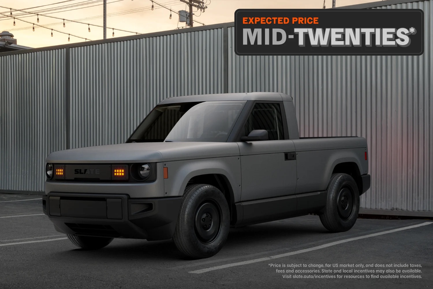 The Slate Auto pickup with a banner above it that reads “Mid Twenties.”