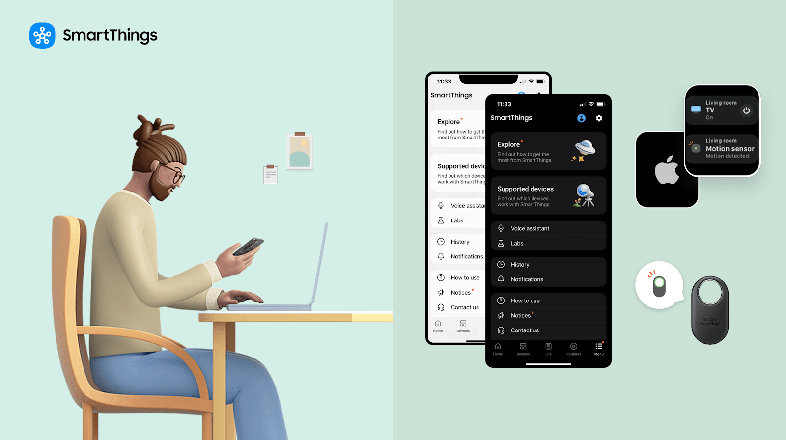 An illustration showing a man sitting at a desk using his phone and laptop next to images of a smartphone, a smart watch, and a smart tracker.
