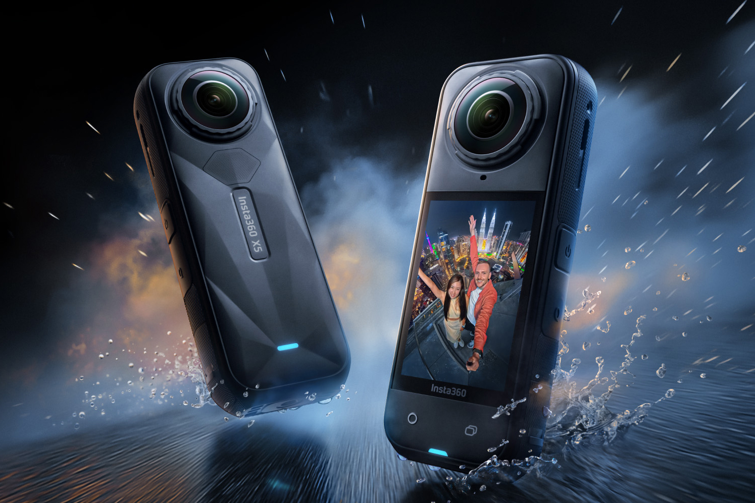 The front and back of the Insta360 x5 action camera against an explosive backdrop.