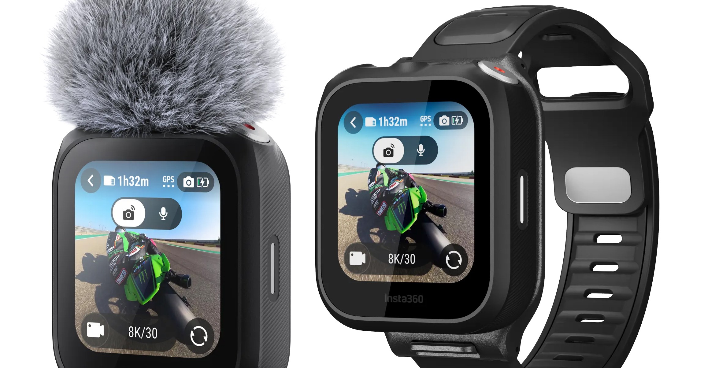 The Insta360 GPS Preview Remote with Built-In Mic shown attached to a strap and with a wind screen.