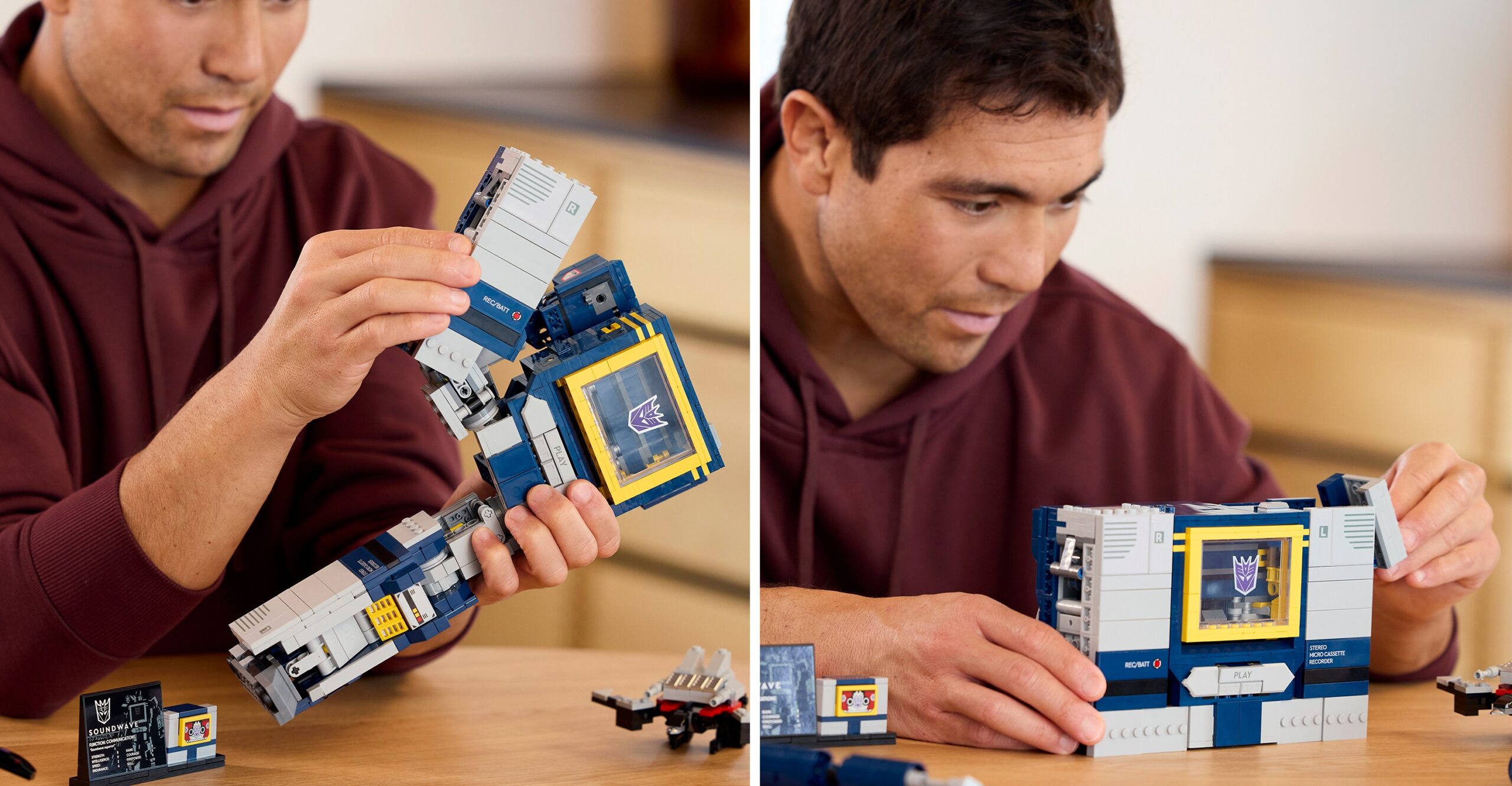 Two images of a person transforming Lego’s Soundwave model.