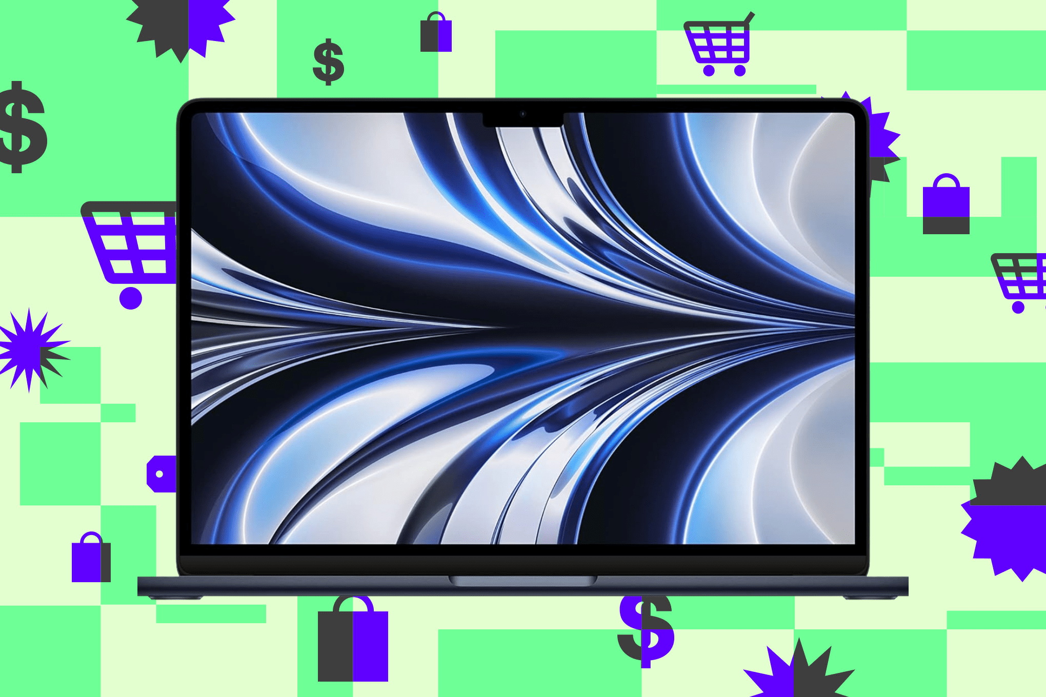The M2 MacBook Air against a green background.