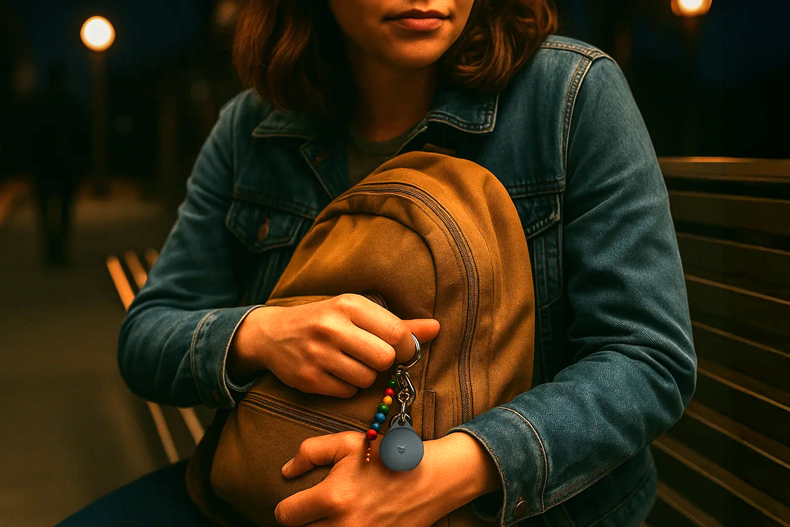 A person sits on a park bench at night under a streetlight clutching a backpack with a Pebblebee Clip tracker attached.