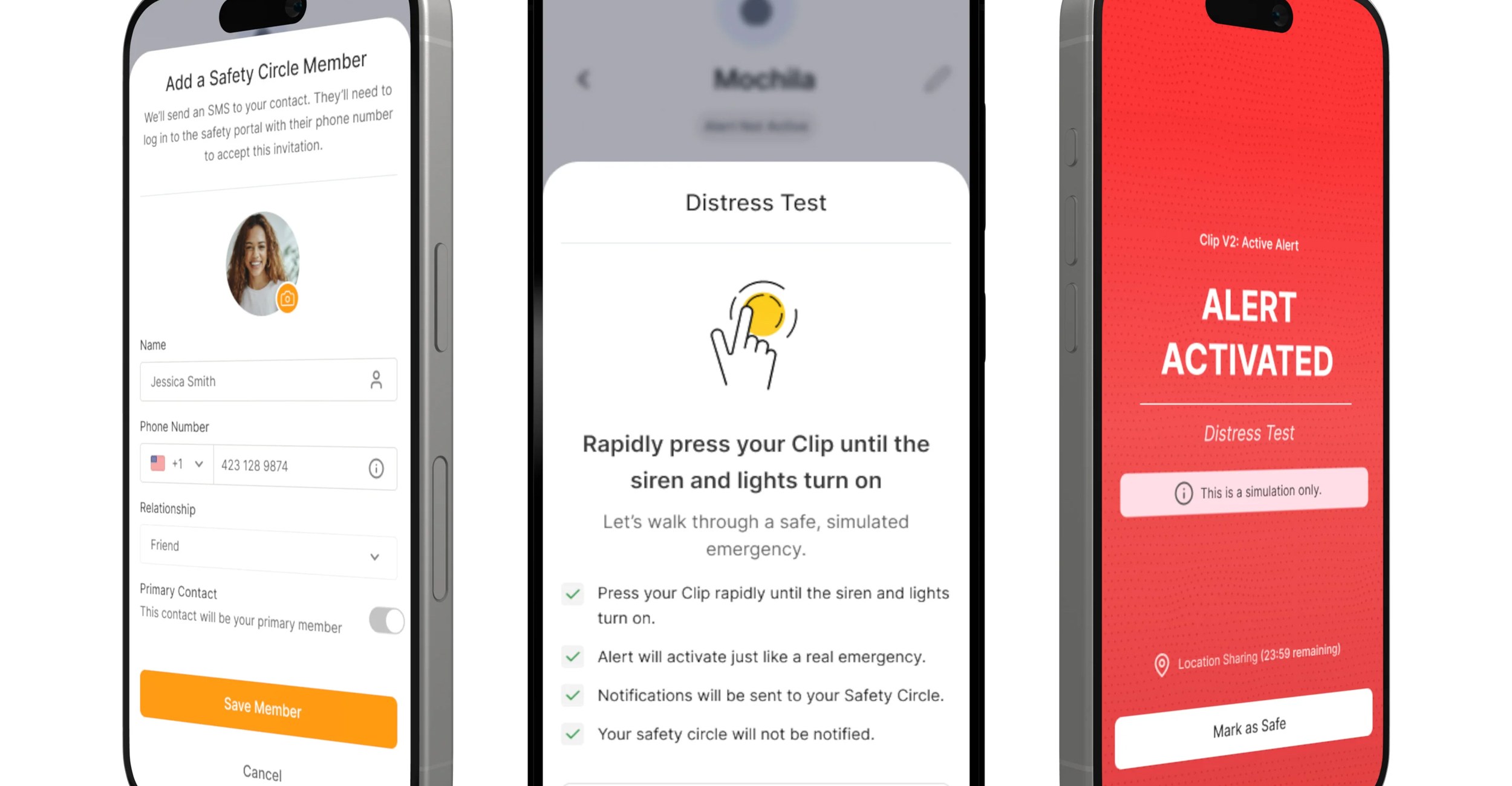 Three smartphones showing Pebblebee’s mobile app.