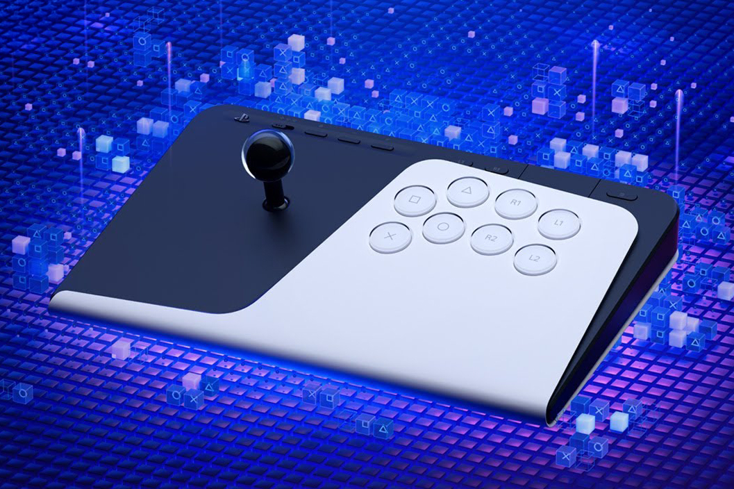 The Sony PlayStatio FlexStrike fight stick against an animated background.