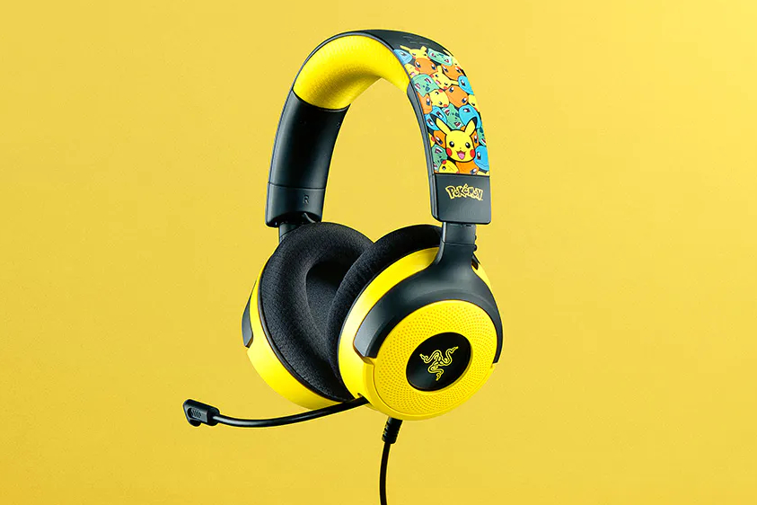 An image of the Razer Kraken V4 X gaming headset with Pokémon branding.