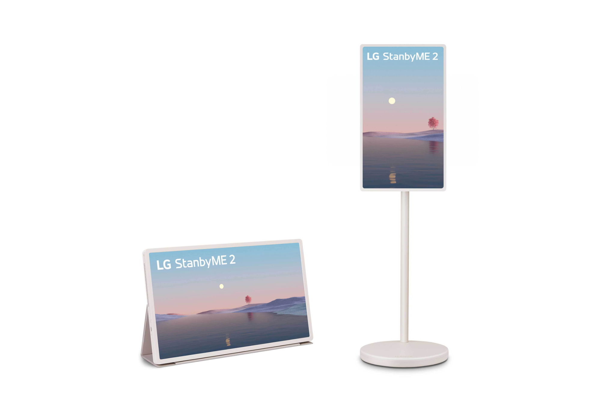 Two of LG’s StanbyMe 2 TVs, one of which is resting on the ground with its folio cover operating as a kickstand. The other is on the rollable stand that’s included.