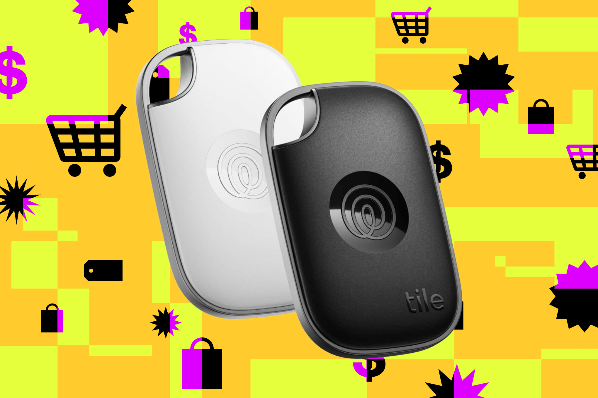 Two Tile Pro trackers against a yellow background.