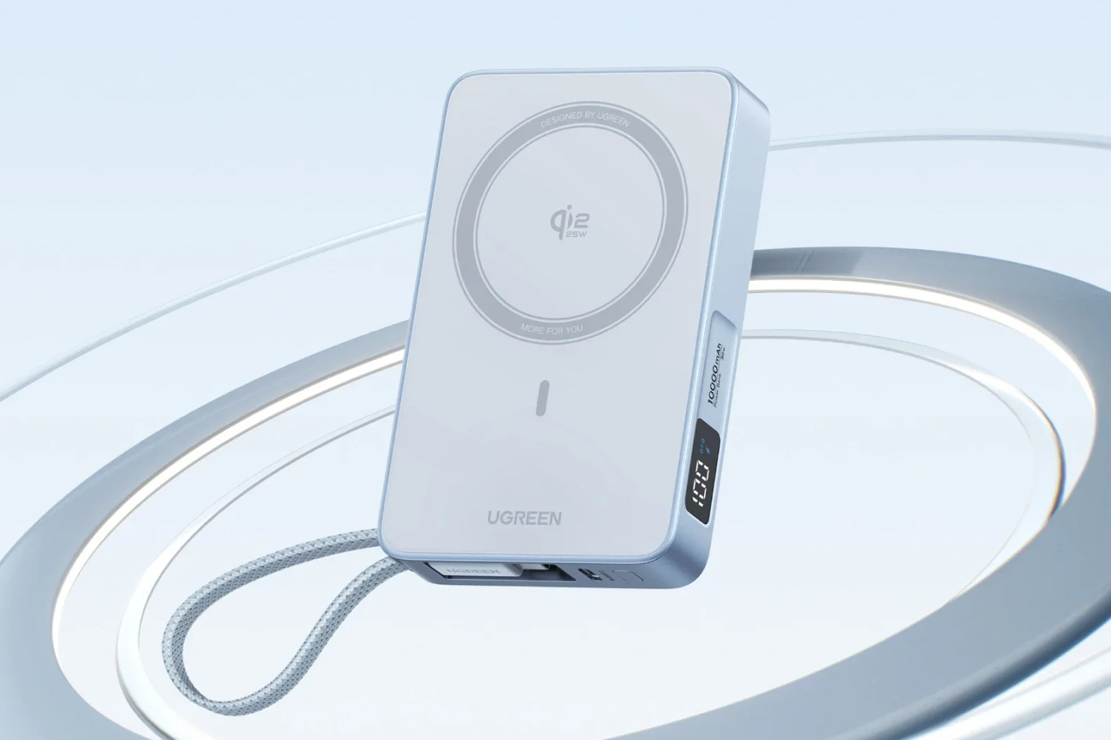 Ugreen’s Qi2.2 wireless power bank against an illustrated background.