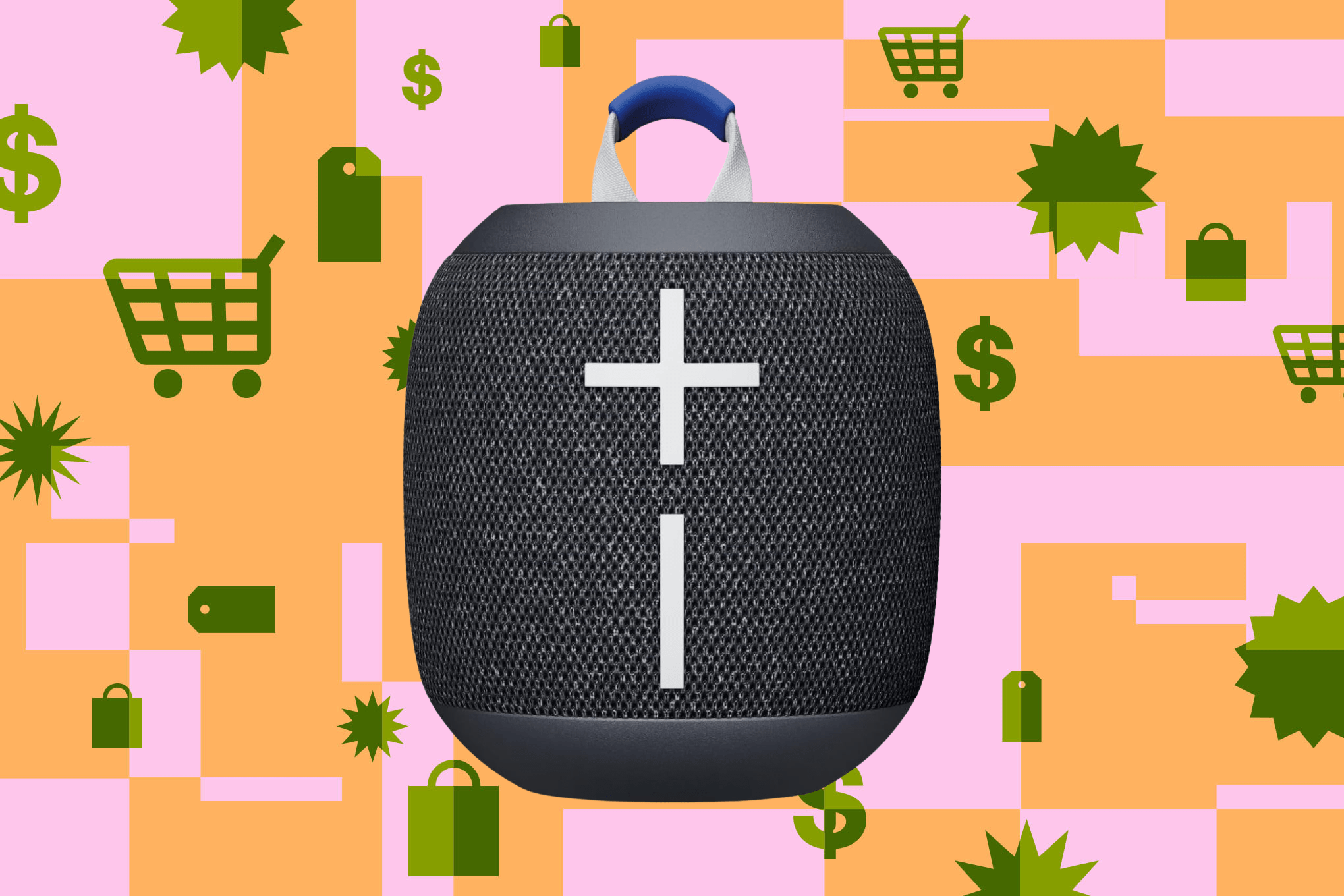 The black UE Wonderboom 4 against a pink, orange, and green background.