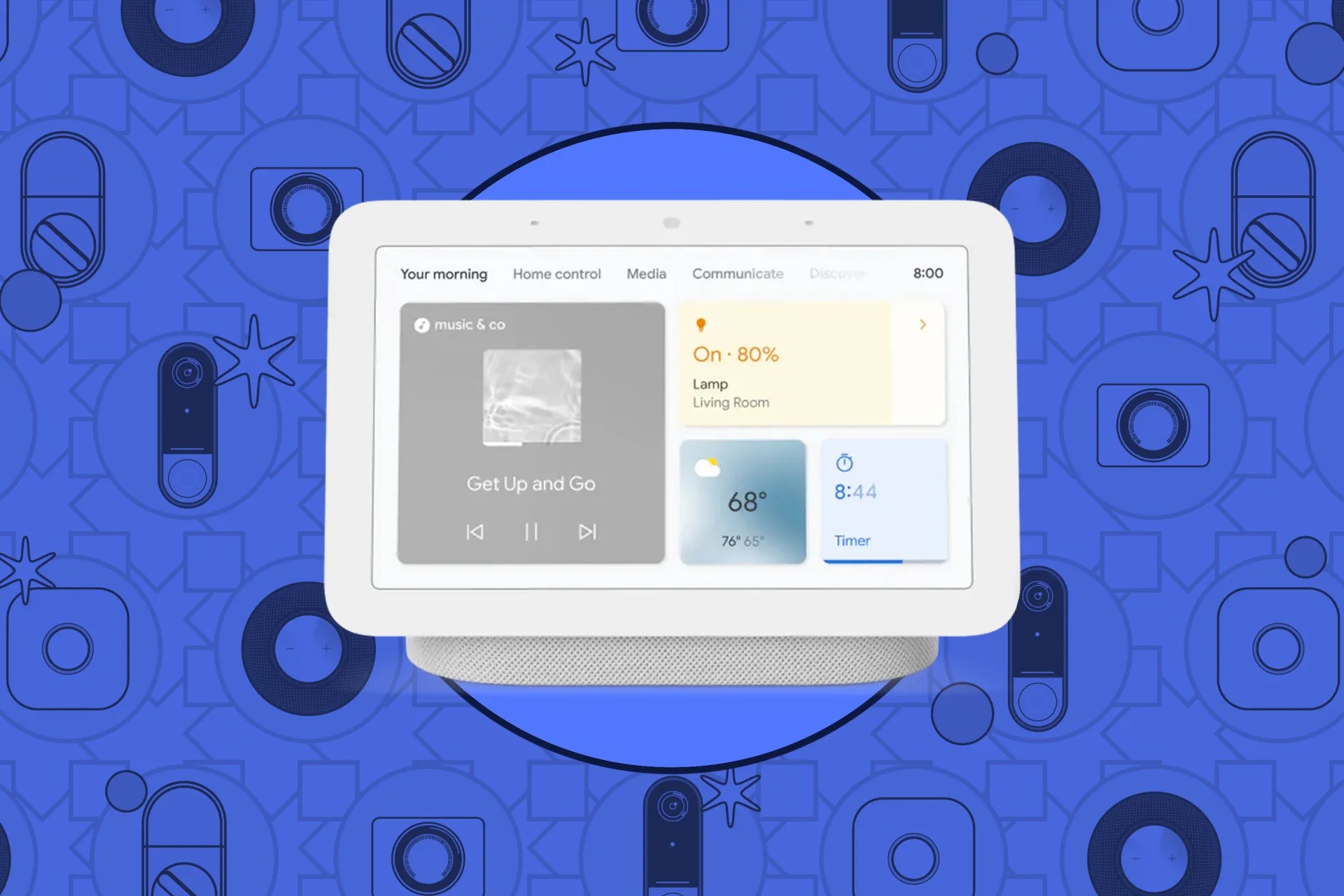 A Google Nest Hub smart display on an illustration. 