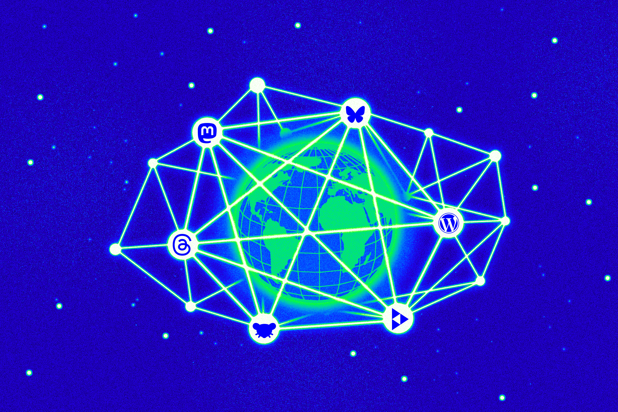 An illustration of Earth with fediverse connections.what