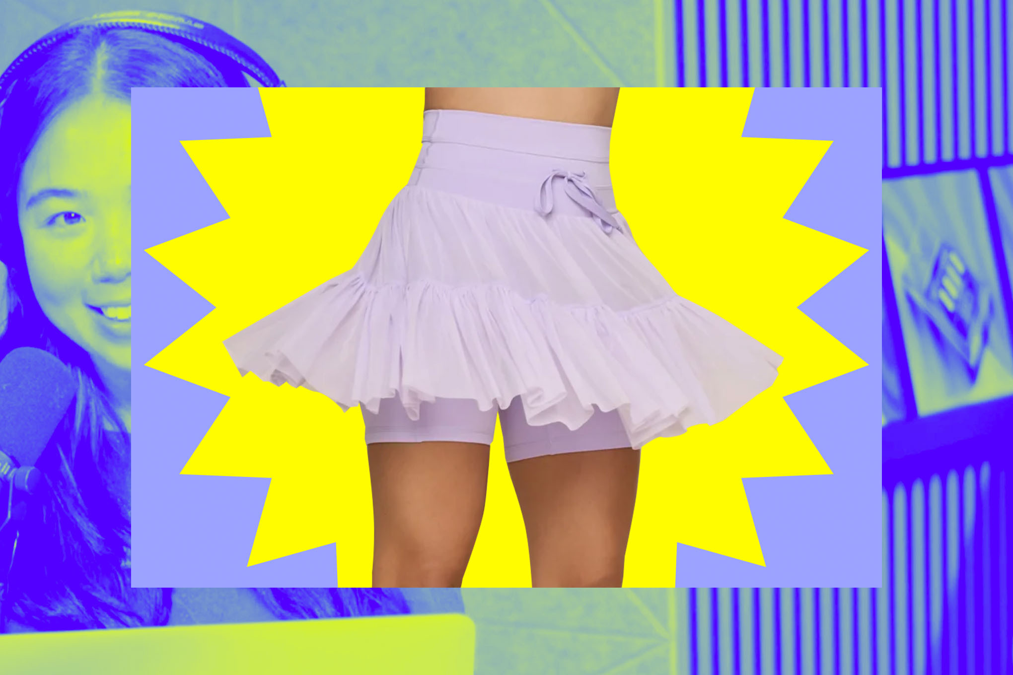 an illustration of a person in a skirt with shorts on a yellow and blue background